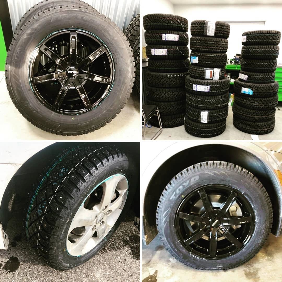 Stacked new tires in the shop